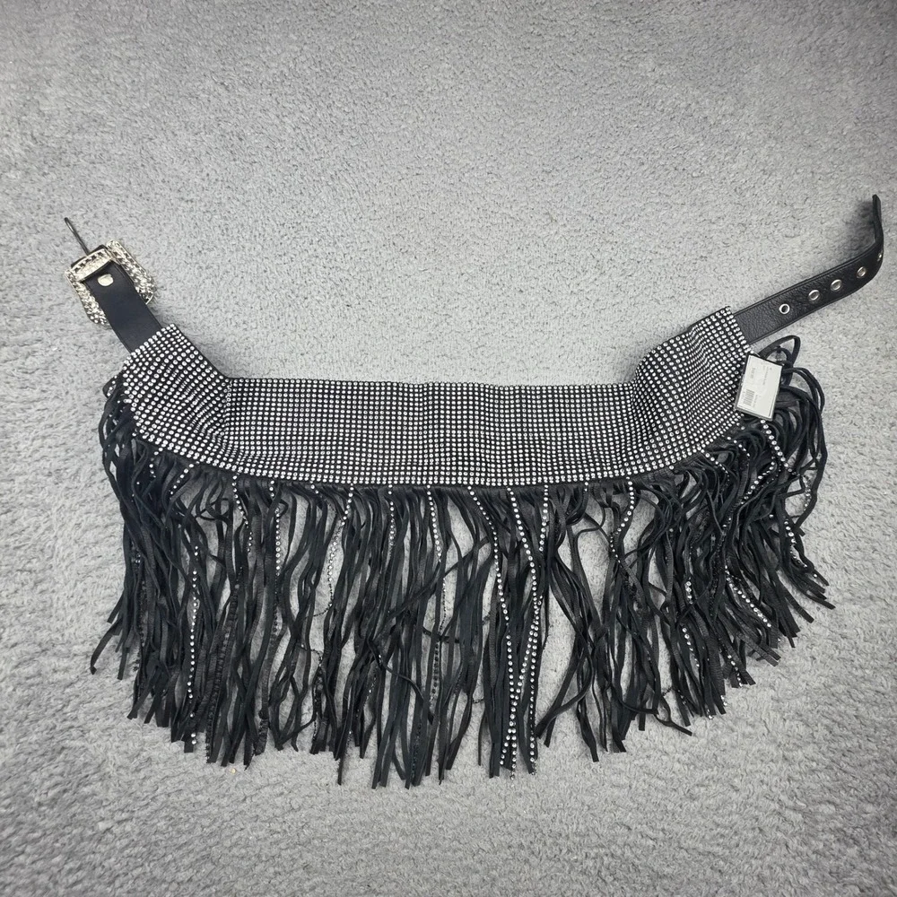 Highway Leather Hip Fringe Bling Belt Women Large Black Rhinestone Western Biker